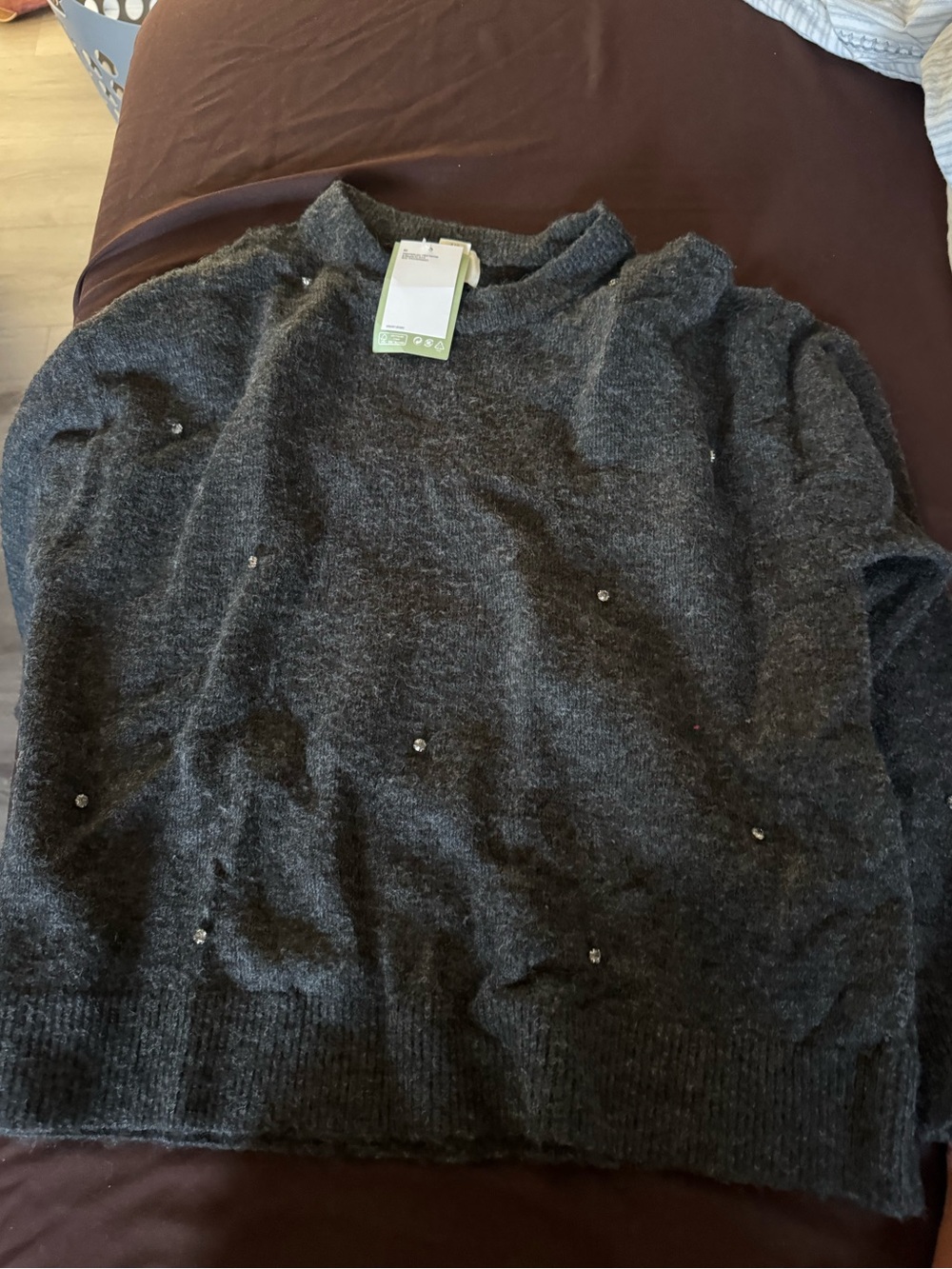 H&M Charcoal Gray Crewneck Sweater with Bead Accents